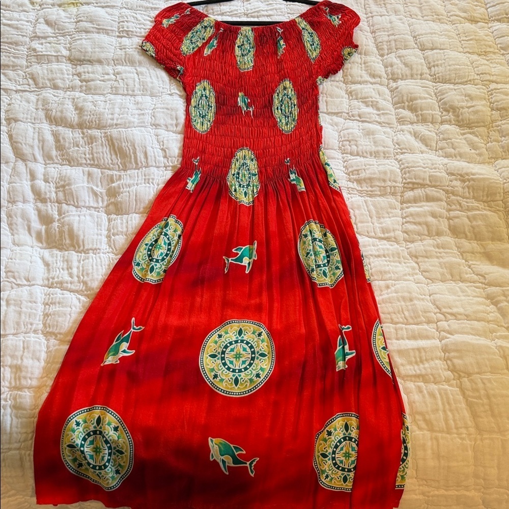 Women’s Red Smocked Maxi Dress with Green & Yellow Medallion Print